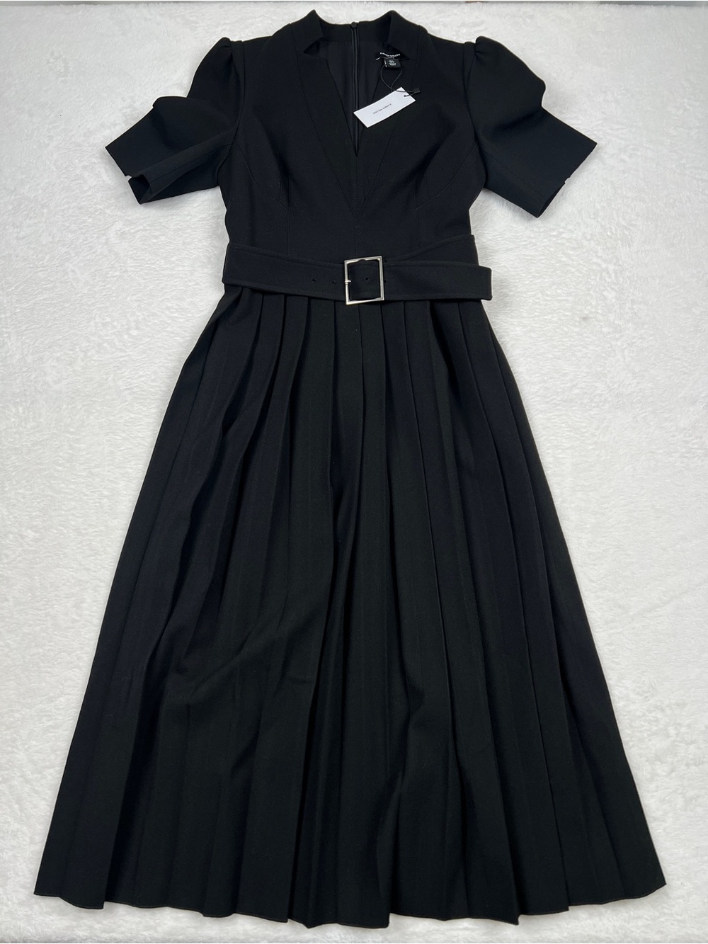 Karen Millen Petite Structured Crepe Forever Pleat Belted Midi Dress Black US 4